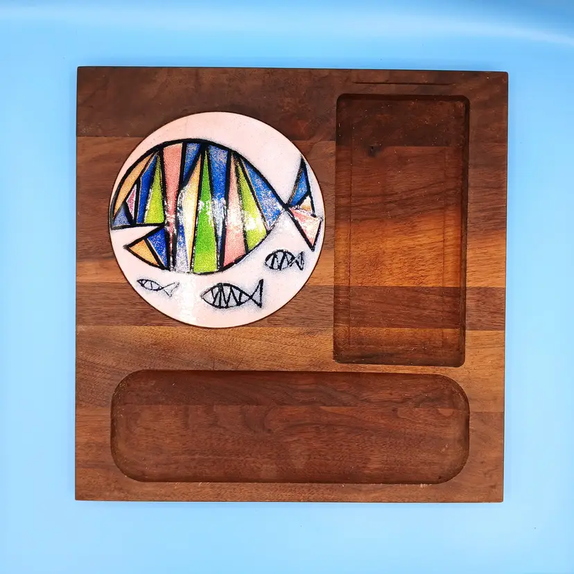 Vintage MCM Enamel On Copper Abstract Geometric Fish Cheese Board Picasso-Inspired