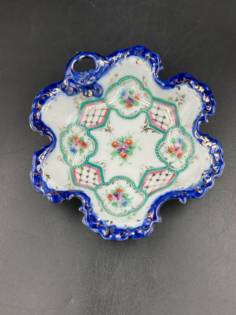 Antique Nippon , Japan, Cobalt Trim, Candy-trinket Dish, Hand Painted Flowers With Gold Accents