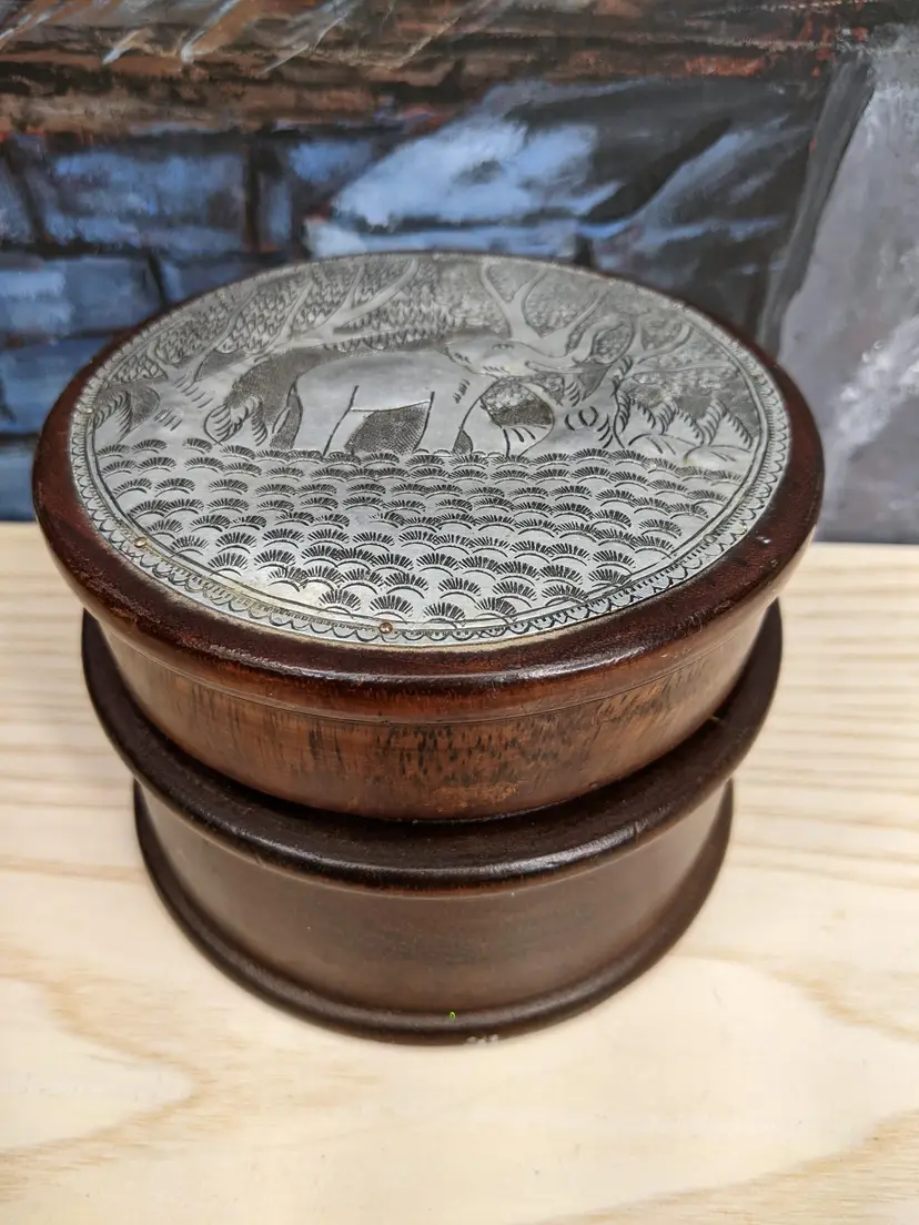 Vtg Round Wood Trinket Box Hand Tooled Embossed Elephant Metal on Lid Thailand 4in tall Hand Turned Bohemian Asian Trees Jungle Decor Stash