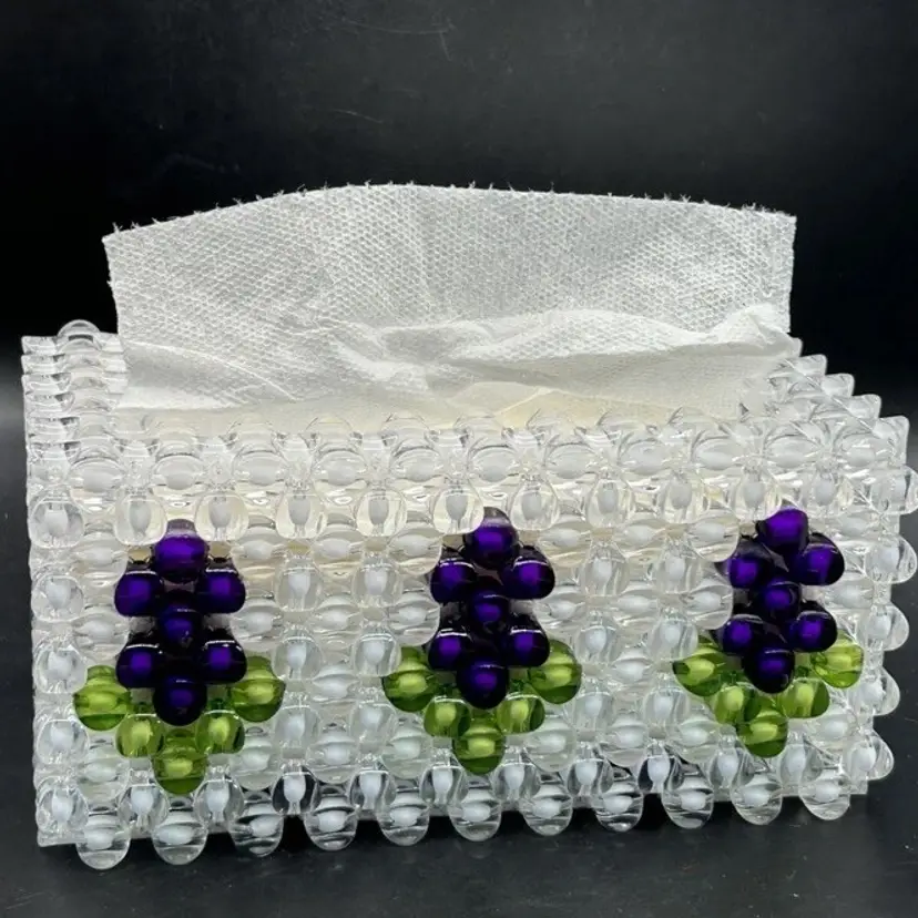 NEW BEADED OBLONG TISSUE BOX COVER WHITE PURPLE HANDMADE IN USA!
