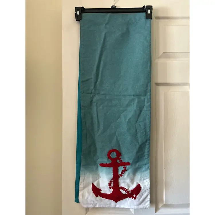 Coastal Linen Table Runner  Red Anchor Nautical Beach House Decor