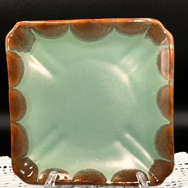 Vintage Guppy’s Of California Pottery Signature Small Square Plate Green With Brown Edge  #1