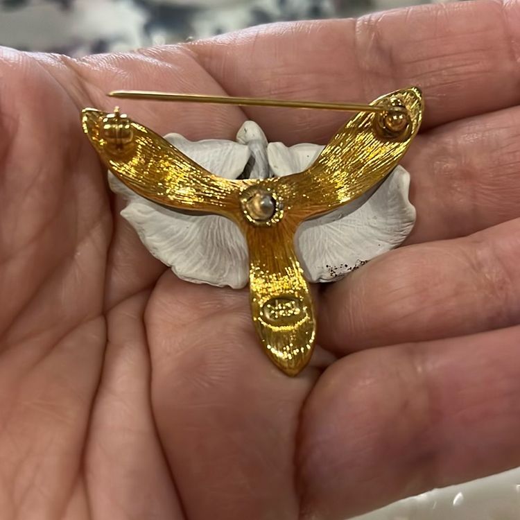 42. Vintage Signed Joan Rivers Yellow Gold Tone Orchid Brooch