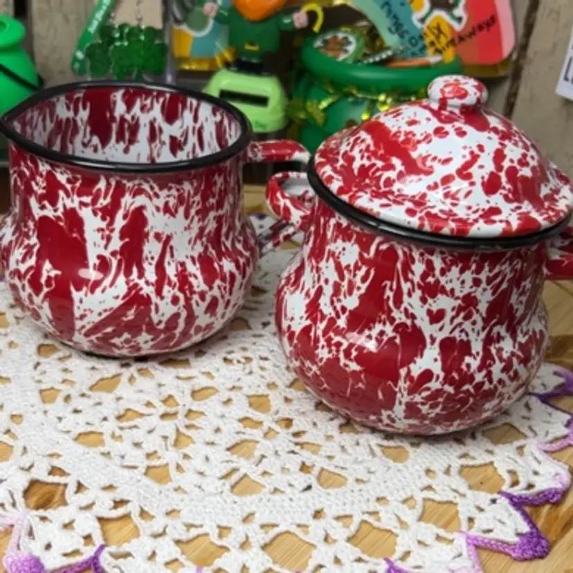 0008 Red And White Enamel Ware Cream And Sugar With Lid.