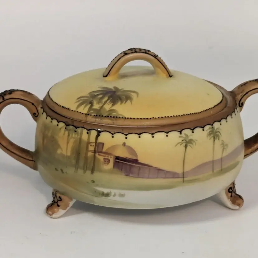 Vintage Nippon Moriage Hand Painted Sugar Bowl Scenic Desert Motif