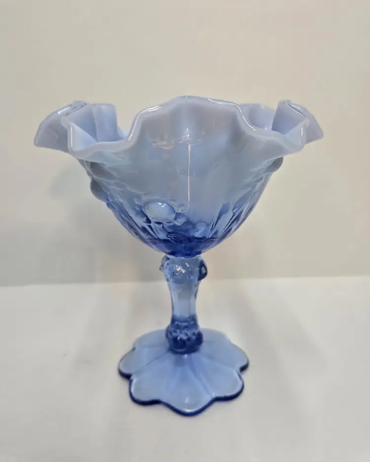 Vtg Fenton Blue Pedestal Candy Dish Opalescent Cabbage Rose Ruffle Compote.