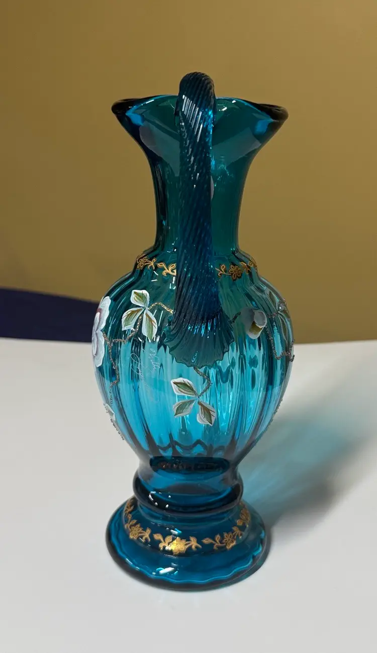 Fenton Turqouise Pitcher New Century XXI Signed artist Kitty L. and Bill Fenton