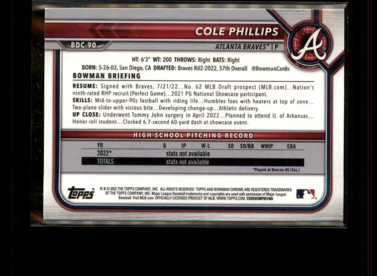 2022 Bowman Draft Sapphire Edition #BDC-90 Cole Phillips - (138) - Atlanta Braves