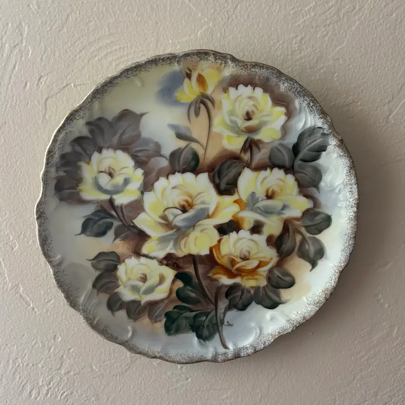 Vintage Hand Painted Signed Pale Yellow Rose Decorative Hanging Plate