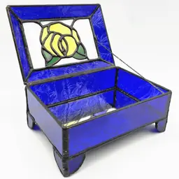 Stained Glass Yellow Rose Cobalt Blue and White Jewelry Box *Glows*