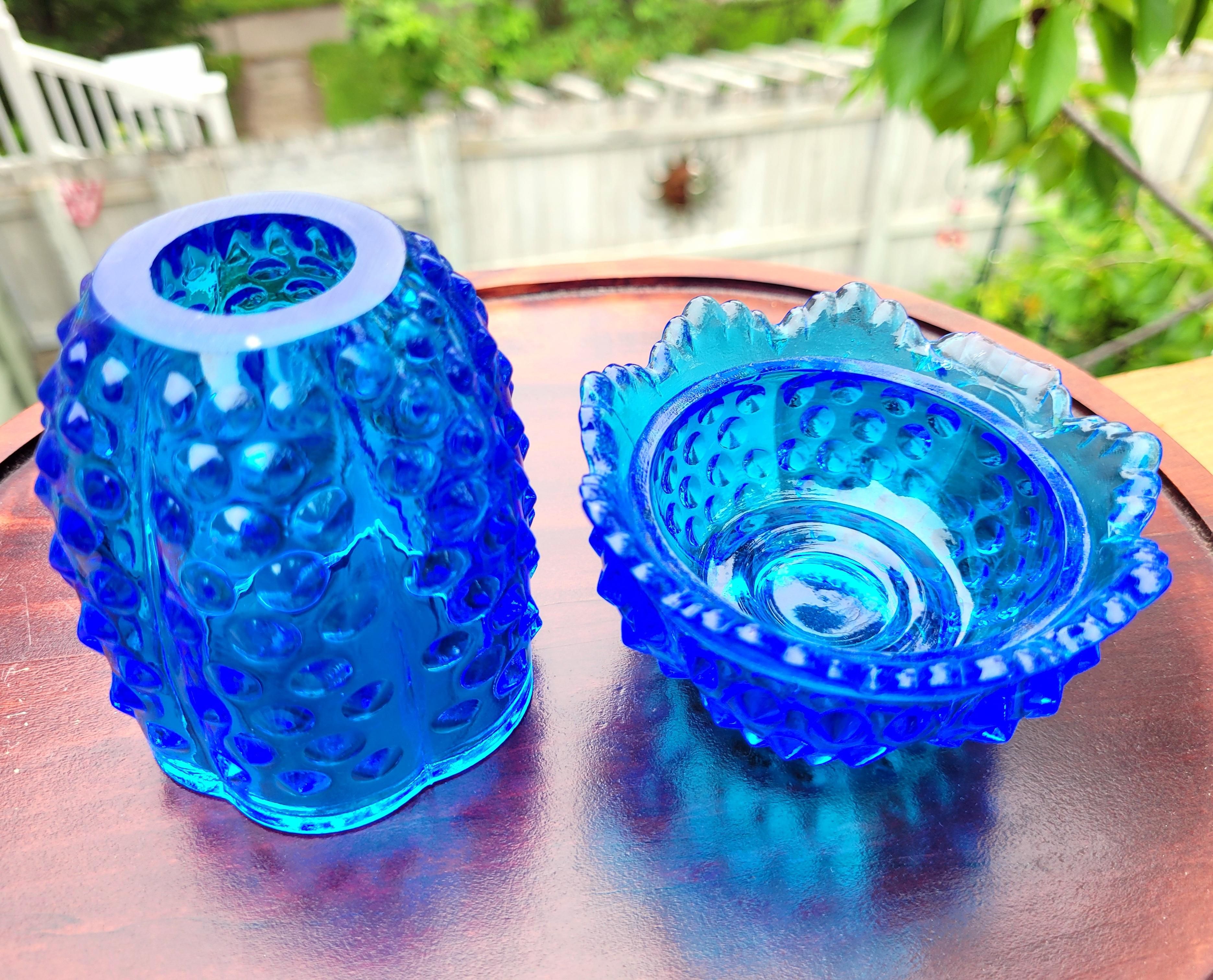 Vintage Fenton Cobalt Blue Fairy Lamp Hobnail Glass Votive 2 Piece