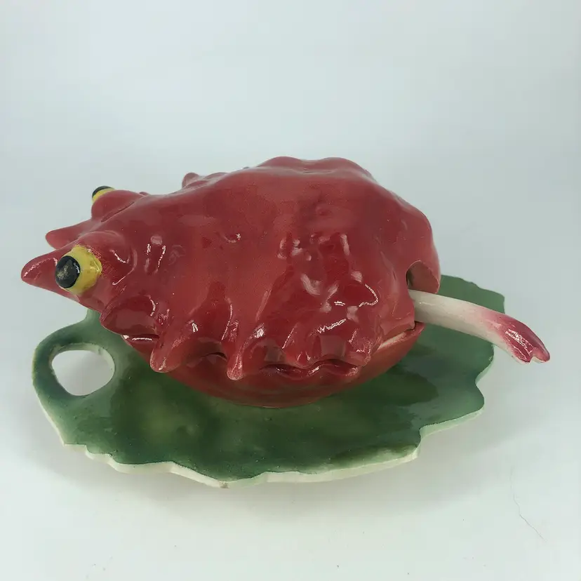 Vintage Italian Majolica Crab on Leaf Lidded Condiment Dish with Spoon