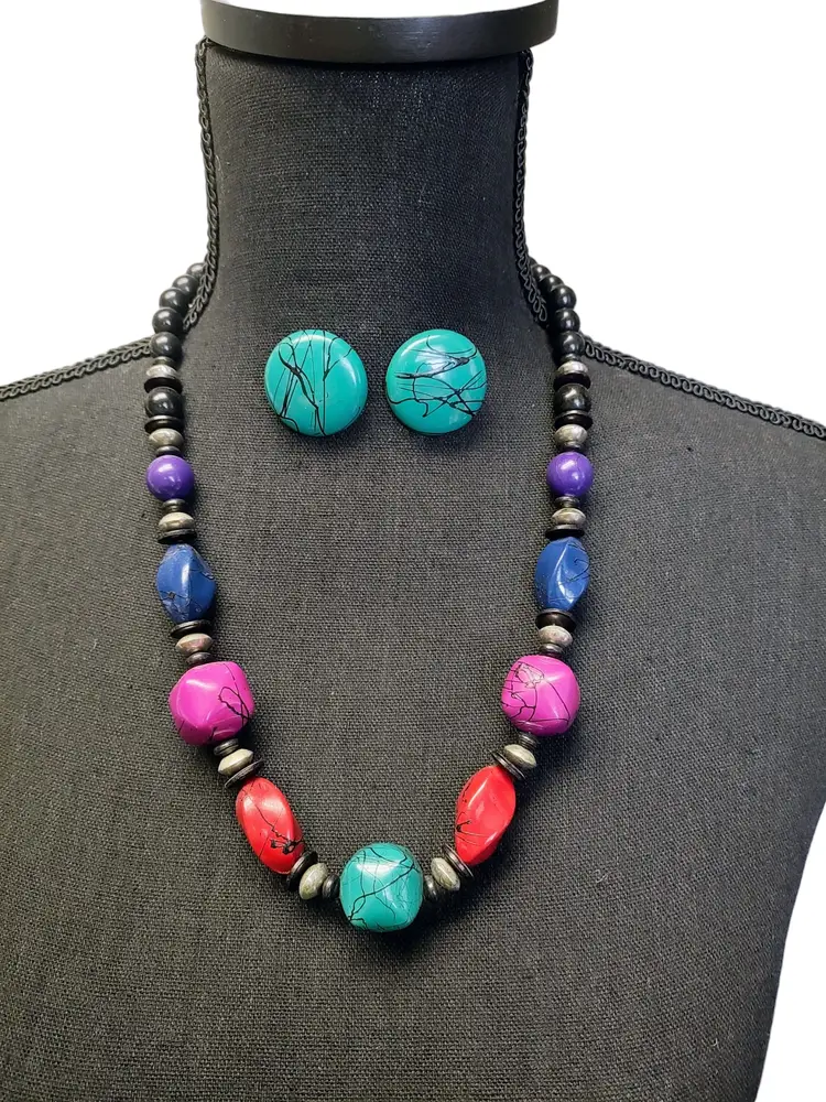 Vintage Multicolor Plastic Necklace Earring Set