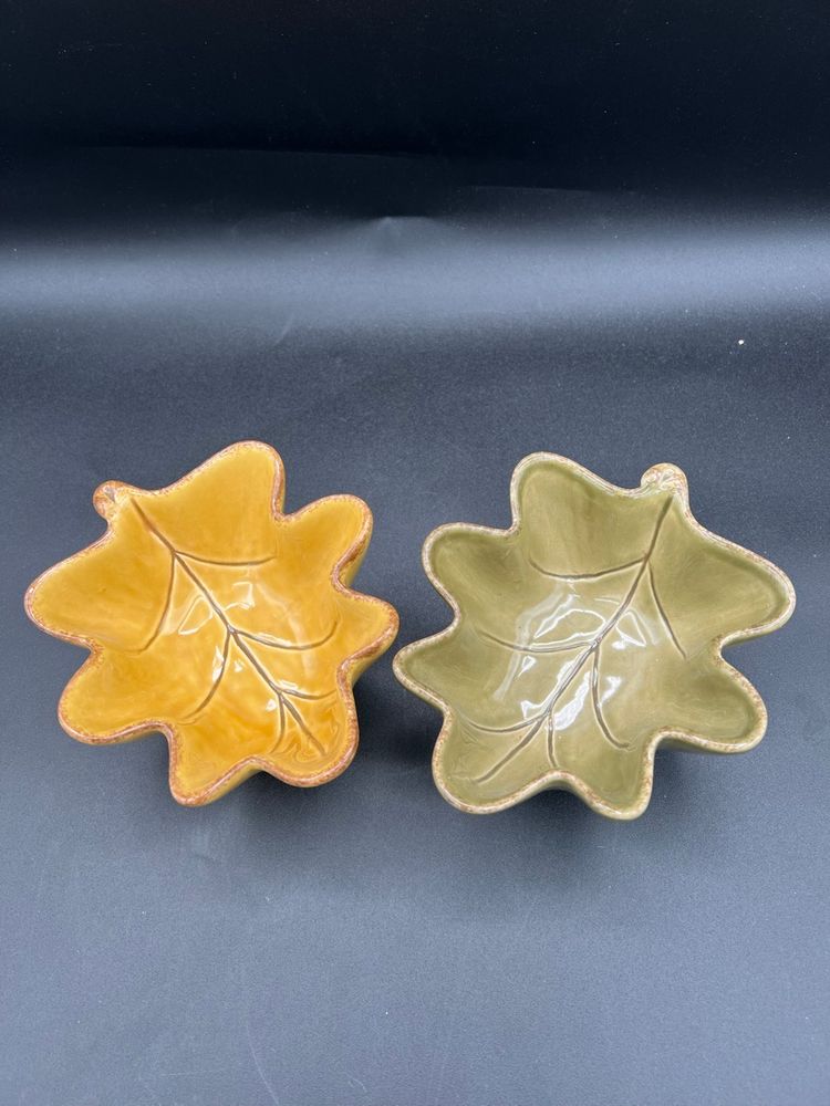 Pair Of Autumn Leaves Small Bowls Mustard And Green