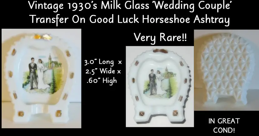 Vintage Scarce Mini Horseshoe Milk Glass Wedding Theme Ashtray / Trinket Dish