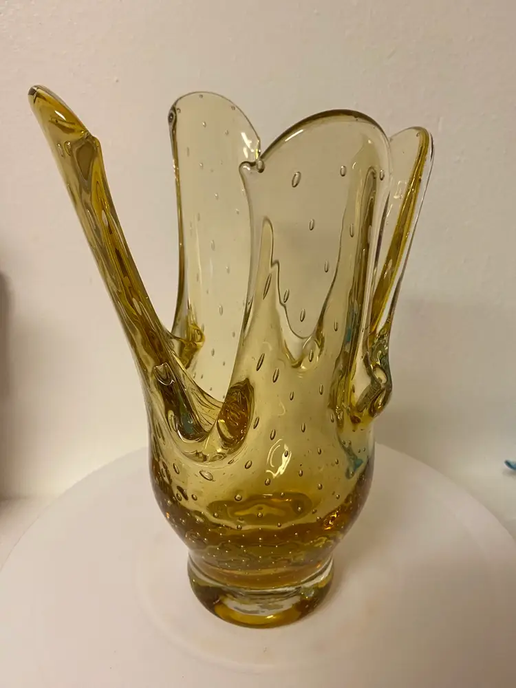 Controlled Bubble Murano Style Blown Glass Finger Vase Ex Con 9”Tx 6”W