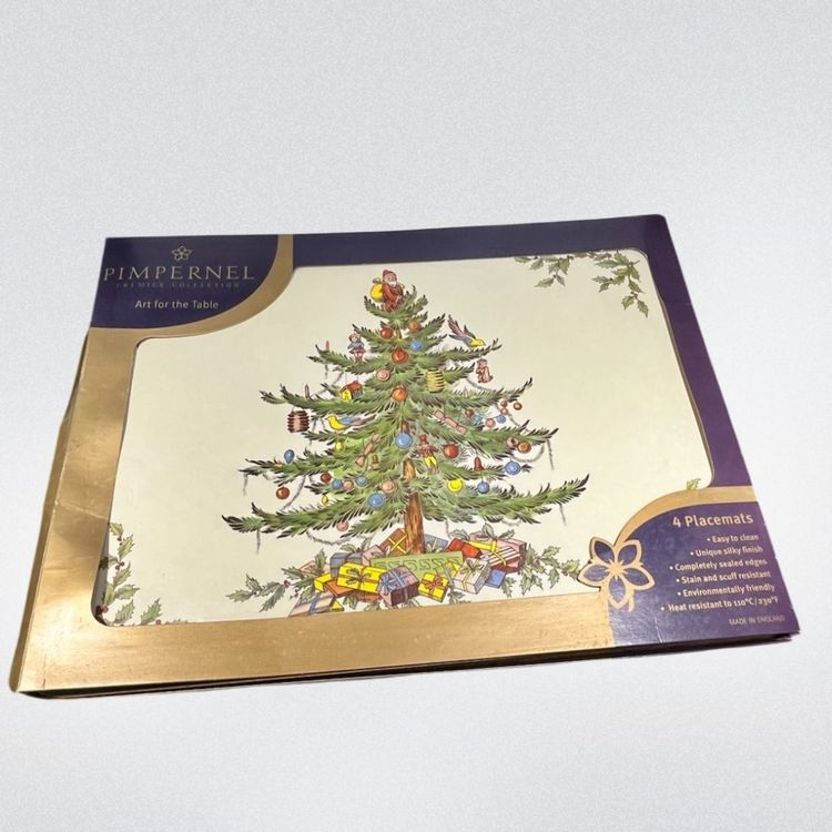 Spode Christmas Tree Design on 4 Pimpernel Placemats- With Original Box- 11.75x15.75”- Water Marks on One Mat As Pictured.