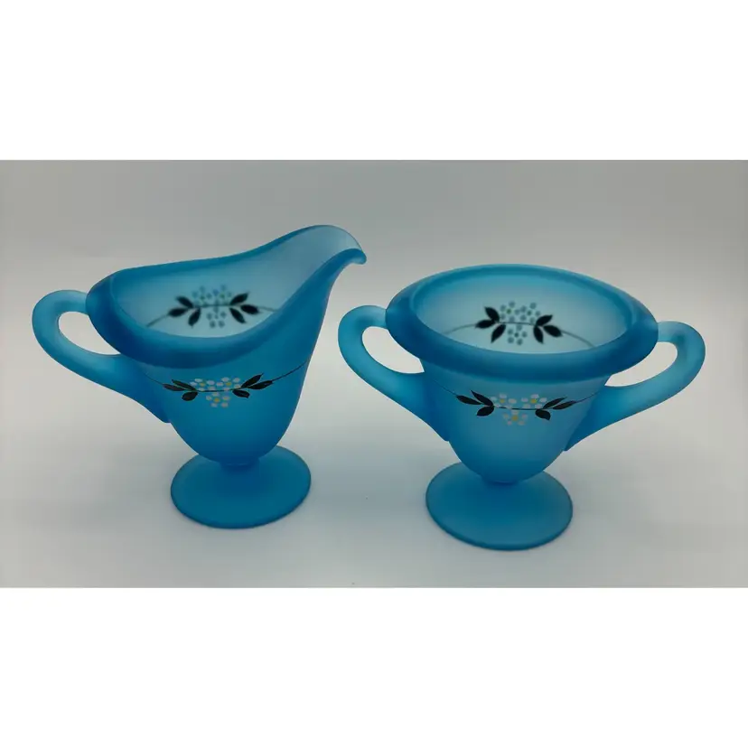 Vintage Indiana Blue Satin Glass Cream And Sugar