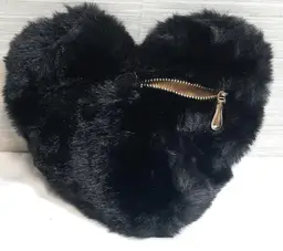 Heart Shaped Faux Fur Black Zipper Bag w/ Chain