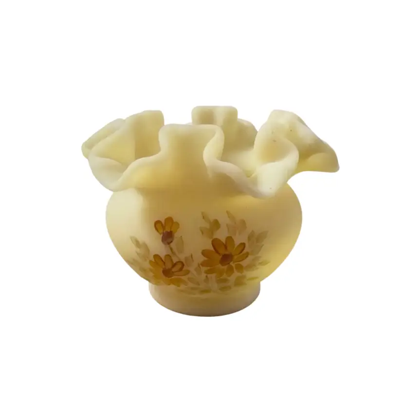 Vintage Fenton Custard Satin Glass Ruffle Top Vase Daisies Hand Painted