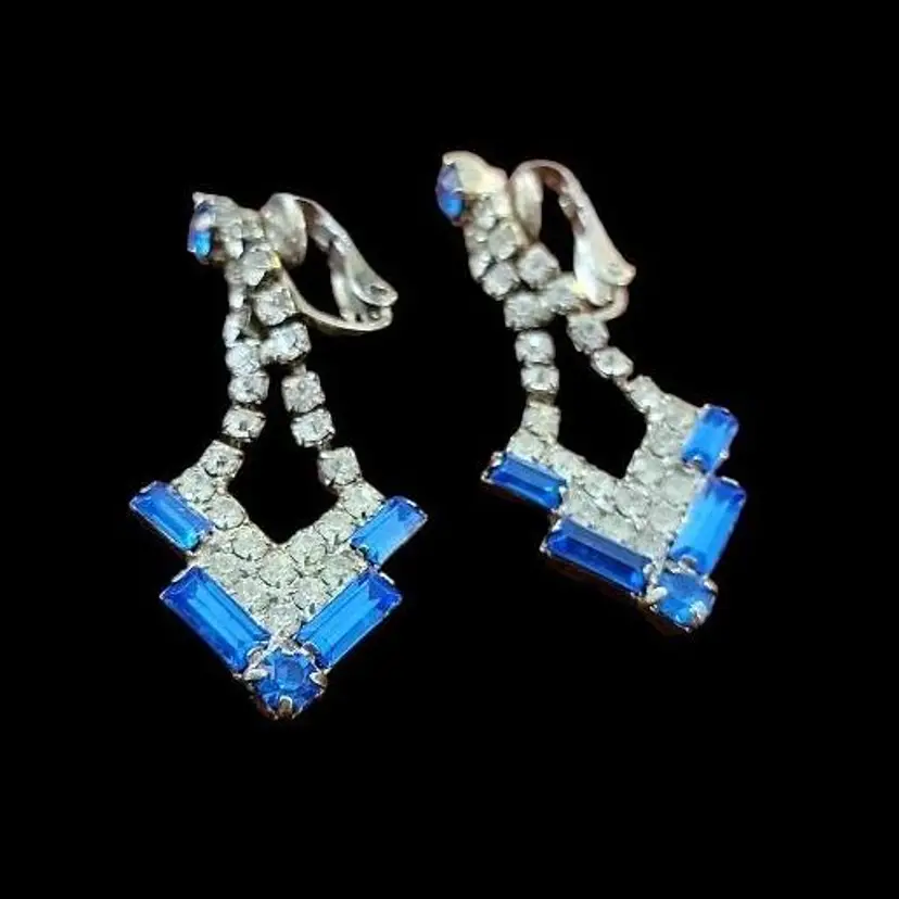 Royal Blue Fancy Rhinestone Clip On Bagette Clear Dangle Earrings