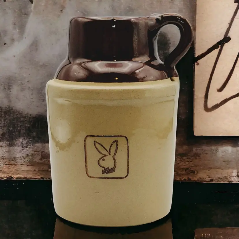 Vtg Playboy Bunny Logo Earthenware Stoneware Two Toned Handled Whiskey Jug