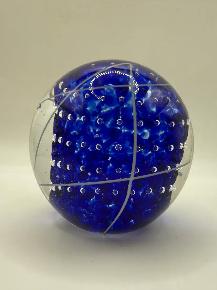 Blue Mist Bullicante White Swirl Hand Blown Art Glass Paperweight 2.5”