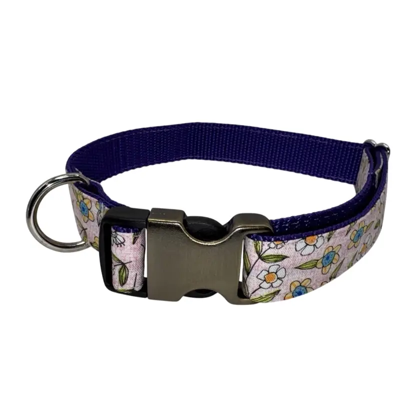 Dog Collar Flowers Floral Pink & Purple Large Handmade Heavy Duty NEW