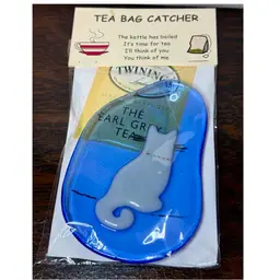 White Cat Fused Glass Tea Bag Blue Catcher Dish
