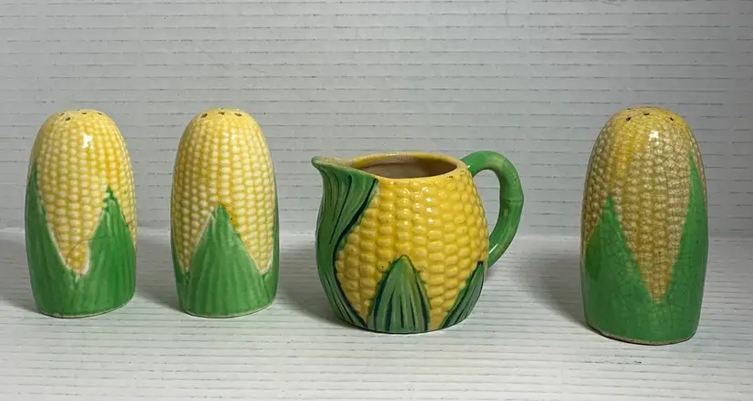 Vintage corn on the cob creamer and three salt and pepper shakers. Made In Japan. Hand Painted