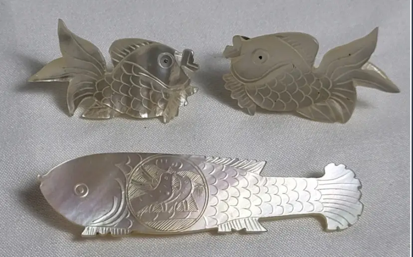 Vintage Mother of Pearl Fish Earring Set & Antique Mother of Pearl Brooch Thread Winder