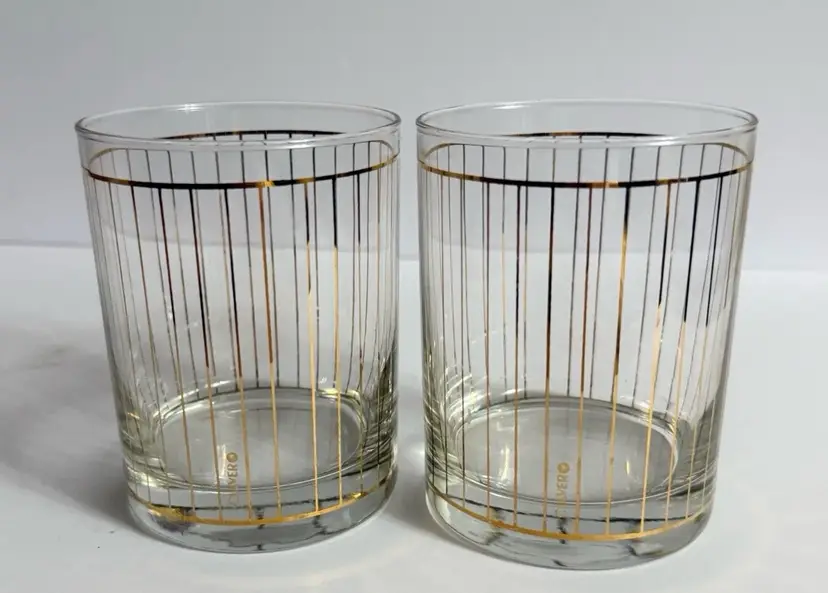 Culver Vintage Gold Striped Set of 2 Lowball Glasses USA Old Fashion Clear