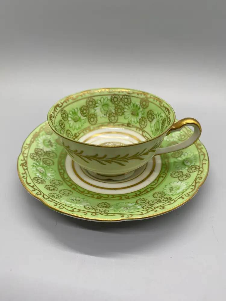 Murray Kreiss MK Hand Painted Green Gold Floral Demitasse Cup and Saucer w/Stand