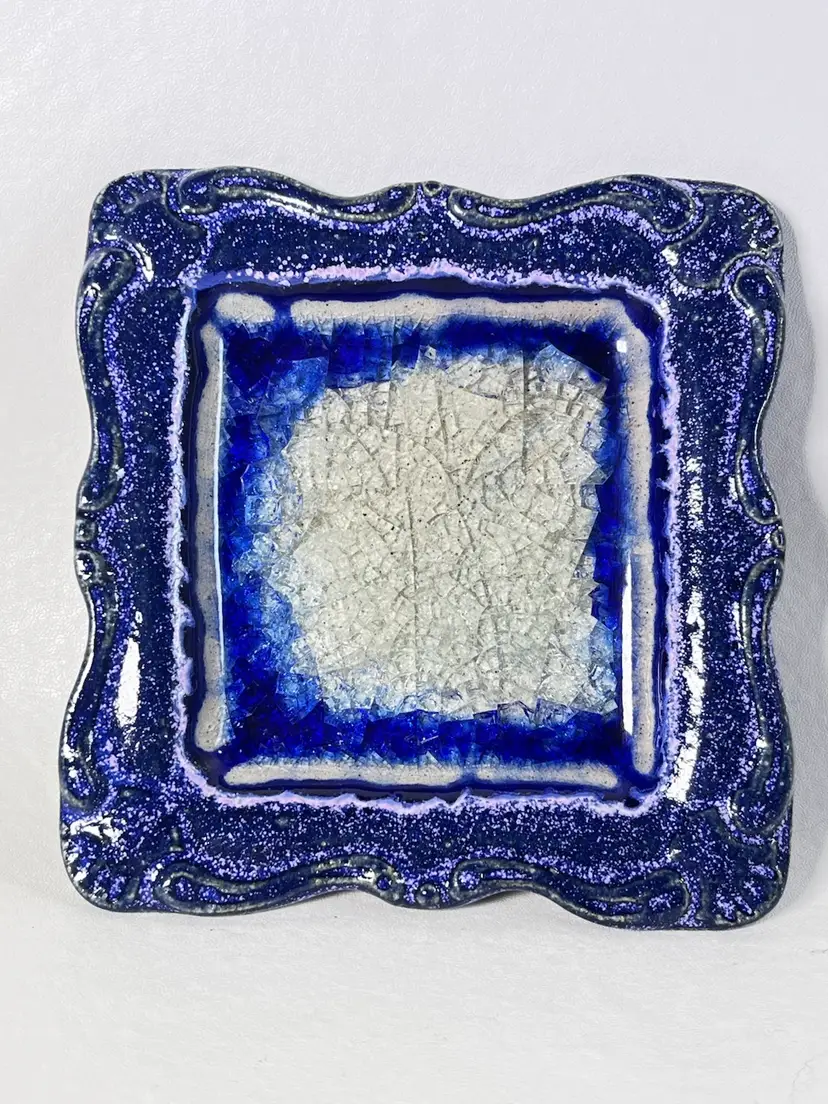 Studio Art Pottery Square Recycled Glass Trinket Dish Blue Made In USA