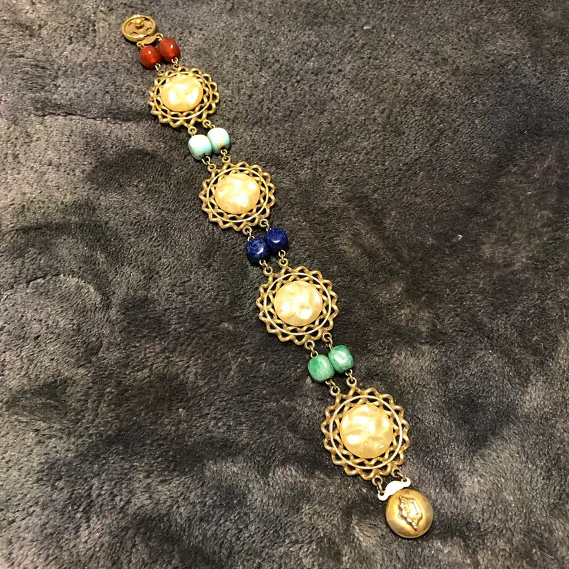 Vintage Etruscan Revival 2 Strand Faux Baroque Pearl & Genuine Gemstone Bracelet