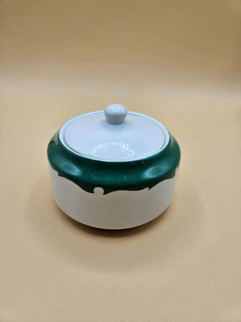 Shenango 4.5" Green RimRol & White Lidded Sugar Bowl, Chips on Lid