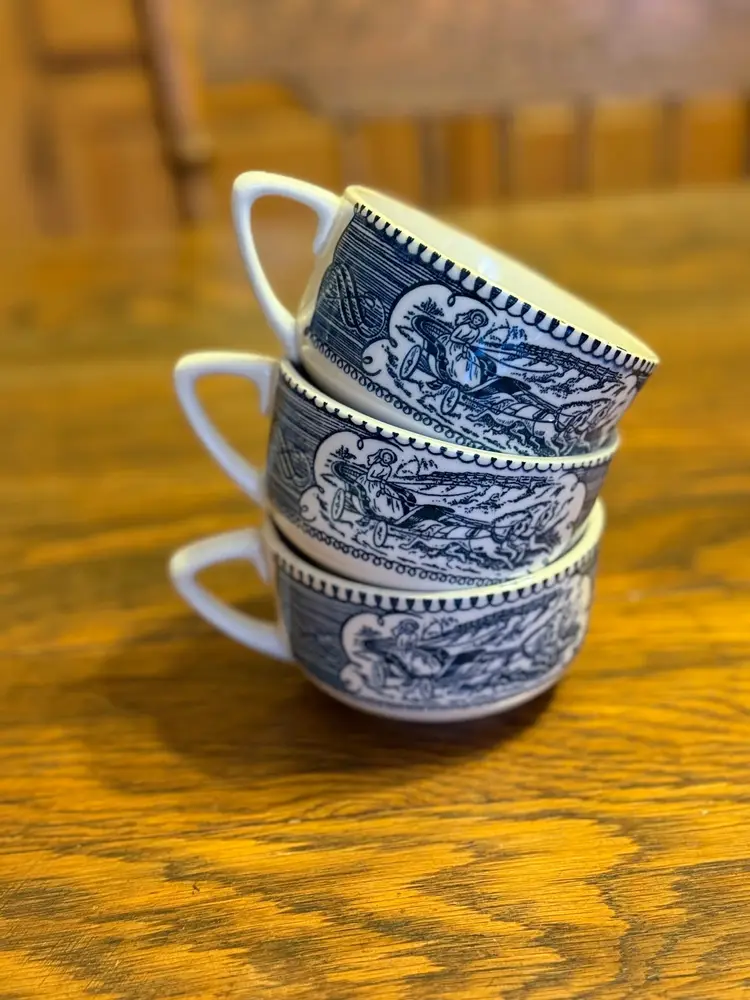 Vintage Blue Transferware Cups, Set of 3 • Likely Royal China Co. Sebring Ohio • 3.5” Tea Cups • Classical Scenic Pattern • Unmarked