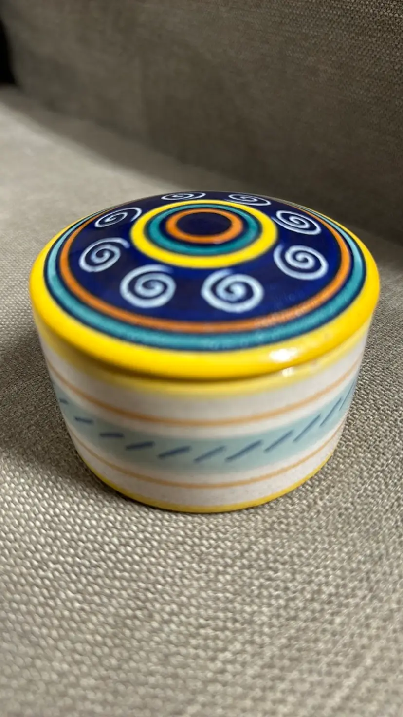 Trinket Box Italian Handpainted Ceramic Round Yellow Blue Green 3"