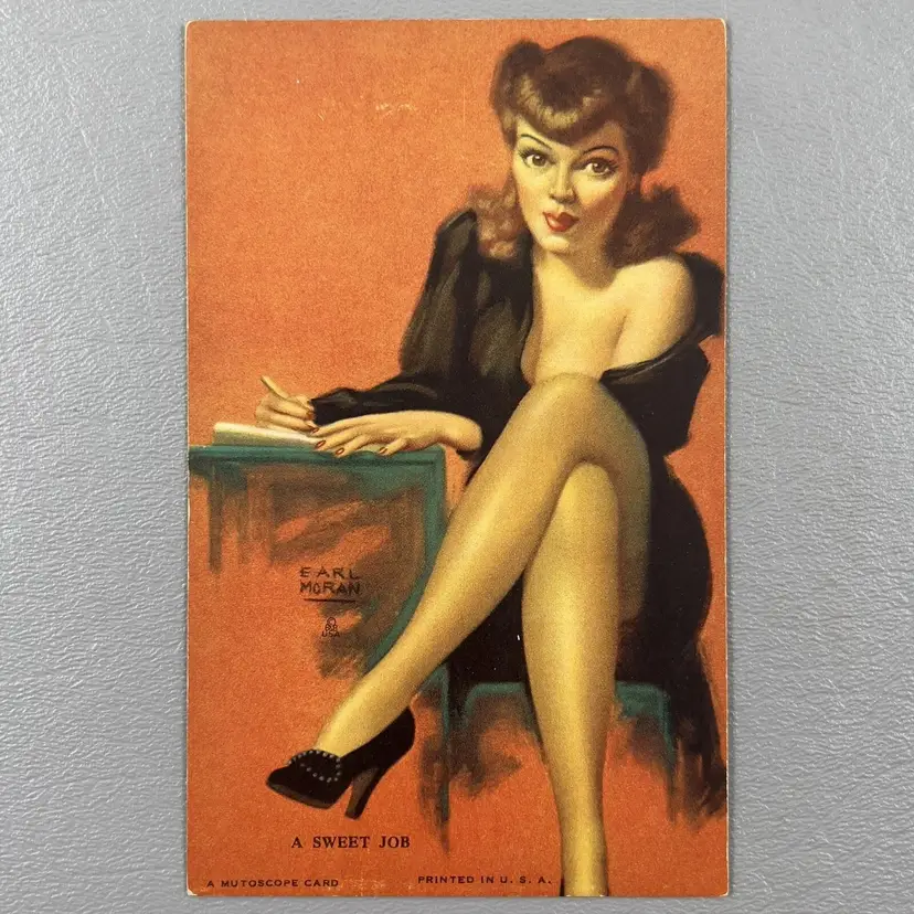 Vintage Mutoscope Card Pin Up Brunette A Sweet Job Sexy Legs Earl Moran