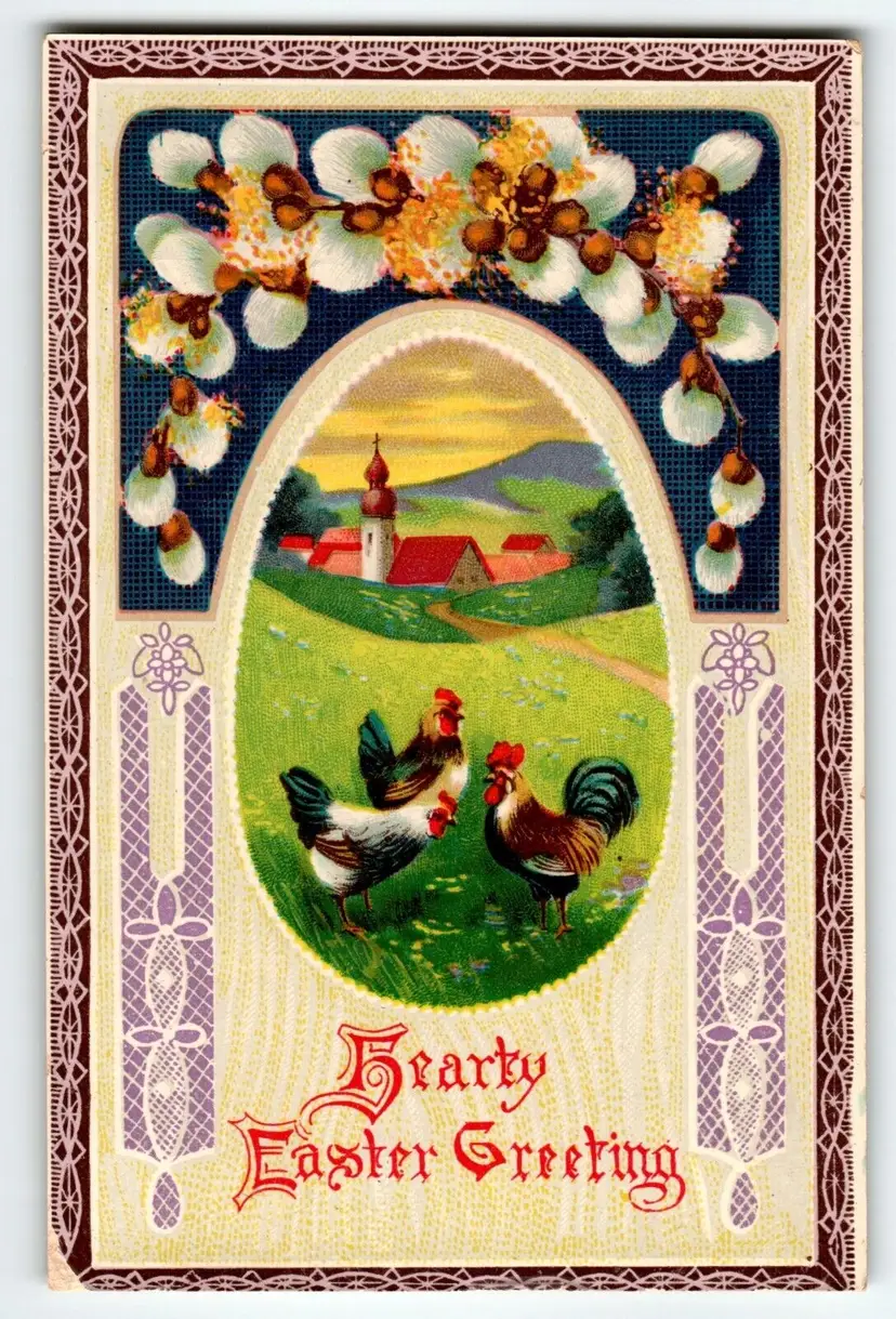 Easter Greetings Postcard Roosters Church Country Gel Baton & Spooner Germany