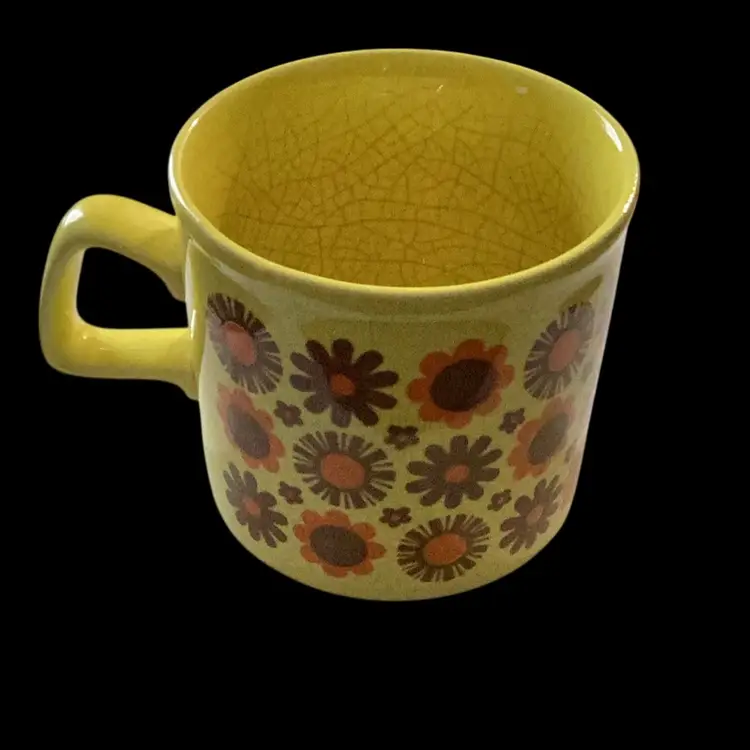 Staffordshire Potteries Brown And Orange Daisies On Yellow Coffee Mug