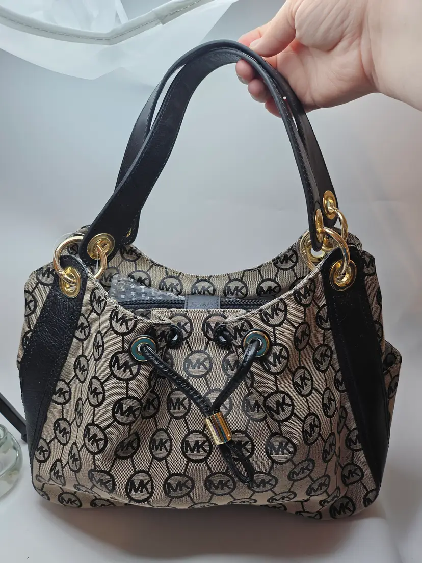 Michael Kors Ludlow Canvas And Leather Purse Handbag Black And Tan Monogram NWT