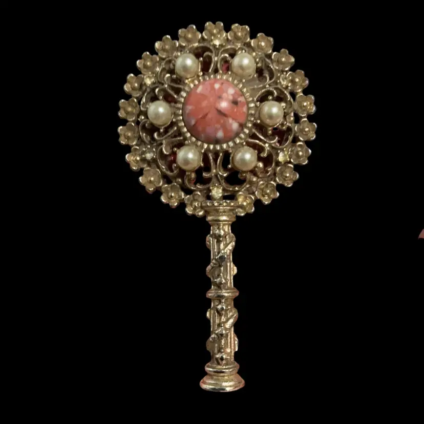 Vintage  1950s Goldtone SF Sam Fink Mini Hand  / Purse Mirror With Goldtone Filigree. Faux Pearls And A Faux Speckled Cabochon  Center.