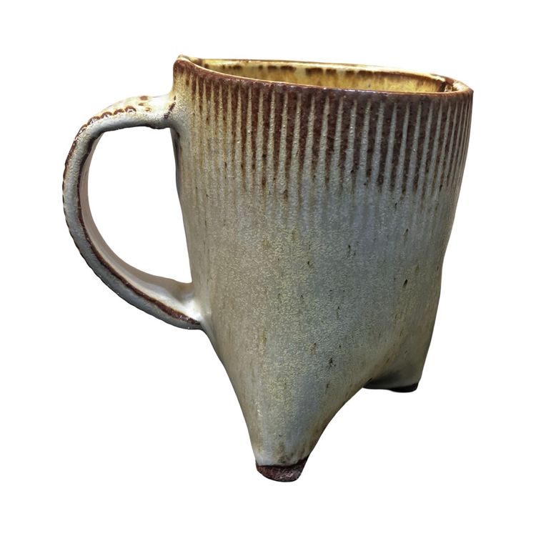 Vintage studio pottery heavy unique shape neutral colors farmhouse coffee tea mug