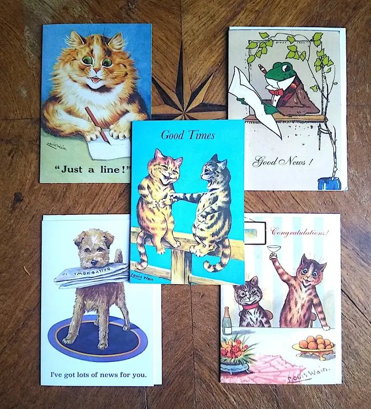 Good News and Good Luck! 12 x Vintage Cat Dog Greeting Card Variety Pack
