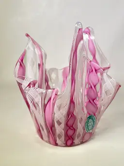 Vintage Venetian Murano Latticino Glass Handkerchief Bowl Original Sticker