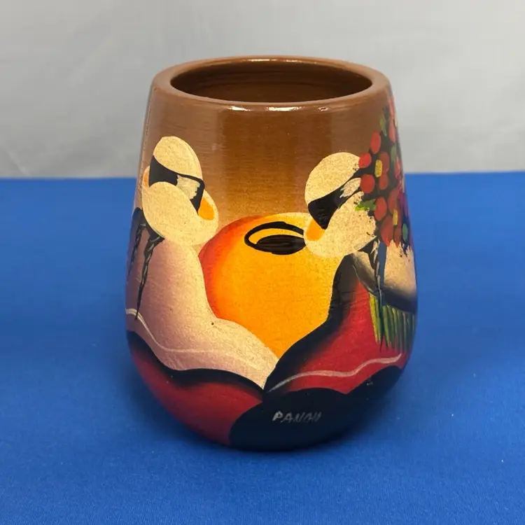 Vintage Peruvian Art Pottery Vase Hand Painted Flowers Folk Art Signed Pancho