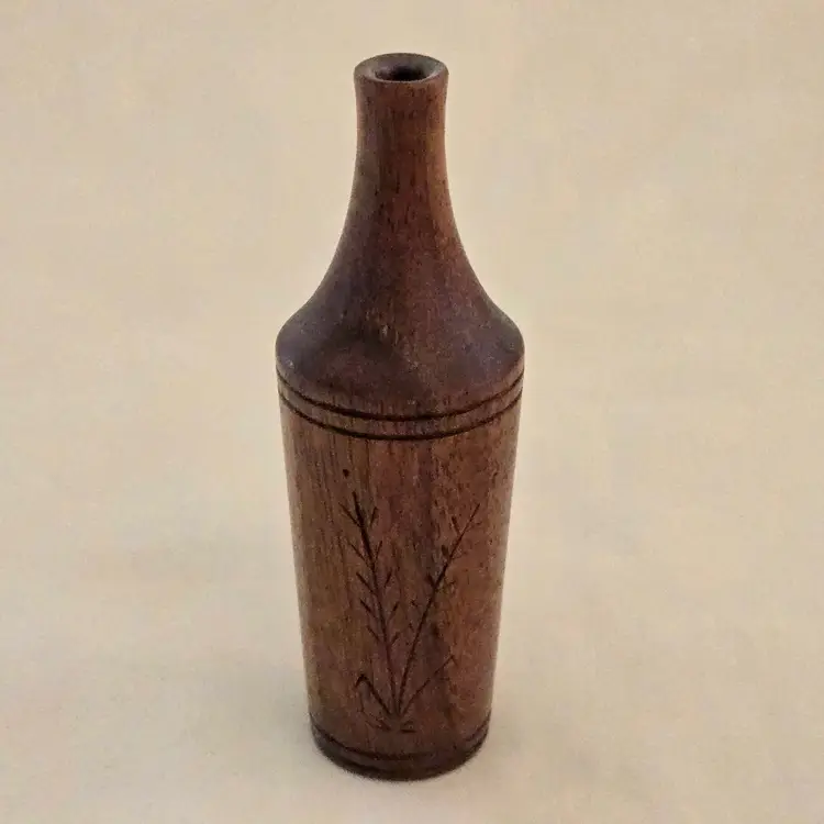 Studio Art Vase Handcarved Wood 4" Tall Thin Initialed Unbranded with Carvings Vintage
