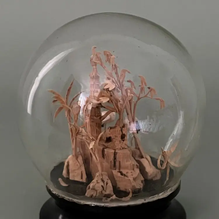 Vintage 1950s Chinese Handcrafted Corkwood Diorama In Glass Dome