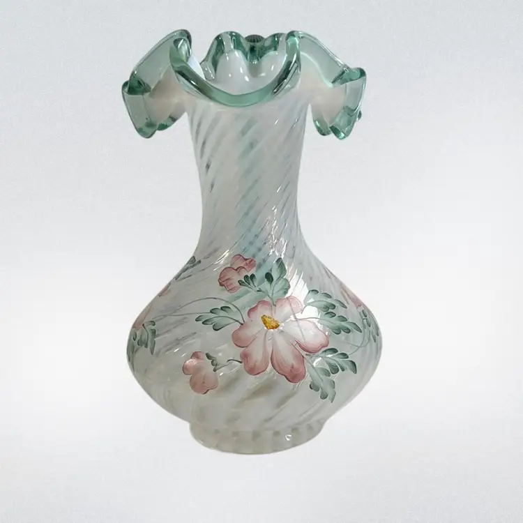 Fenton 8” Meadow Beauty Pitcher Opalescent Swirl Mist Green Ruffle Rim Signed Robinson